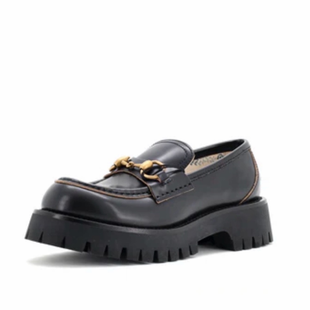 Gucci Black Leather Lug Sole Horsebit Loafer